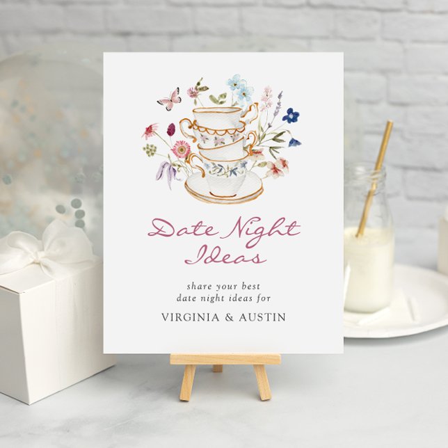 Póster de ideas para una cita de té de boda (Elegant Floral Bridal Tea Party Date Ideas Poster with Butterfly by Painted Paperie
)