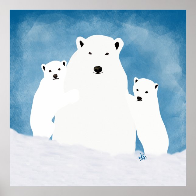 Póster de ilustración de mamá oso polar con crías (Frente)