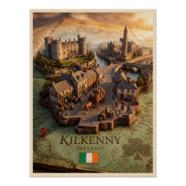 Póster de ilustración de mapa 3D de Kilkenny Irlan