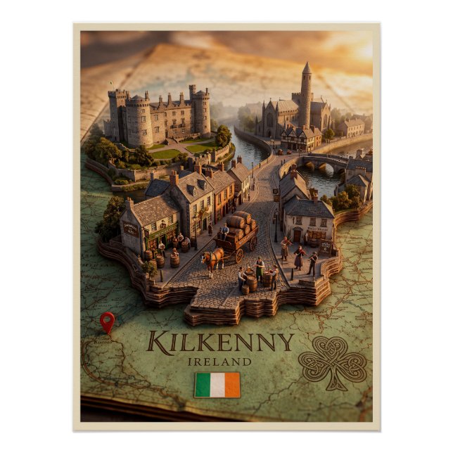 Póster de ilustración de mapa 3D de Kilkenny Irlan (Anverso)