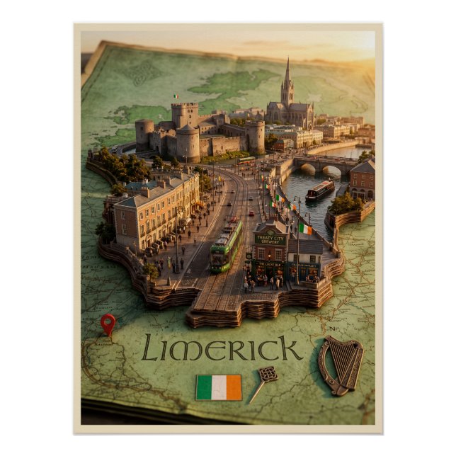 Póster de ilustración de mapa 3D de Limerick Irlan (Anverso)