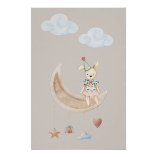 Póster de ilustración de muñeca linda en luna crec