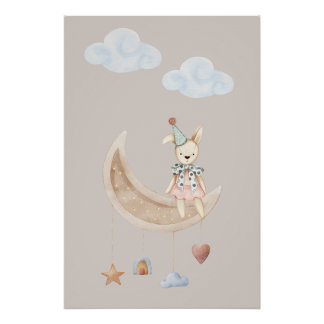 Póster de ilustración de muñeca linda en luna crec
