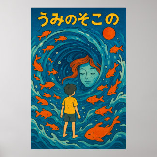 Póster de ilustración de pez dorado niño submarino