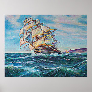 Póster de imagen de pintura al óleo de barco de ve