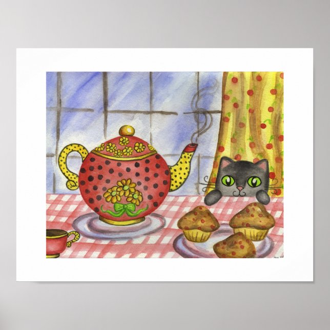 Póster de impresión artística de tetera de gato (Frente)