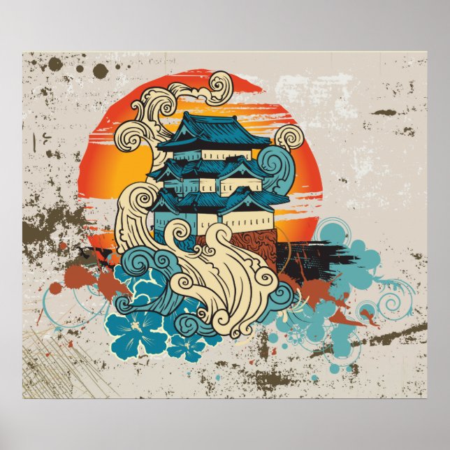 Poster de impresión asiático Temple Pagoda y perso (Frente)