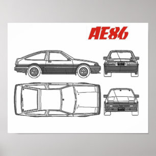 poster de impresión azul toyota corolla ae86