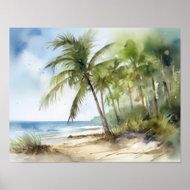 Poster de impresión de arte acuático con palmeras  (Frente)