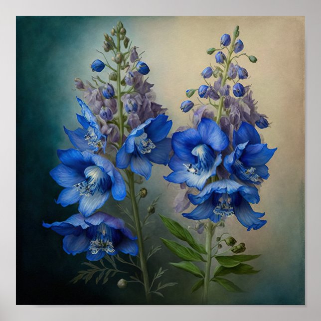 Poster de impresión de arte con flores de delfinio (Frente)