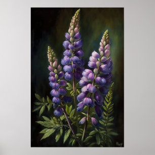 Poster de impresión de arte de flores de color púr