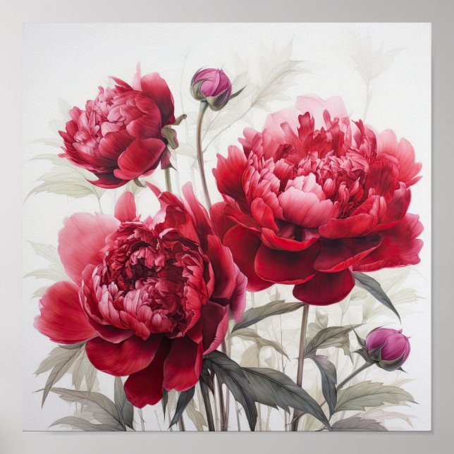 Poster de impresión de arte de flores de Red Peoni (Frente)