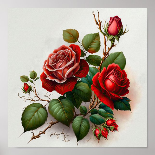 Poster de impresión de arte de flores de rosas roj (Frente)