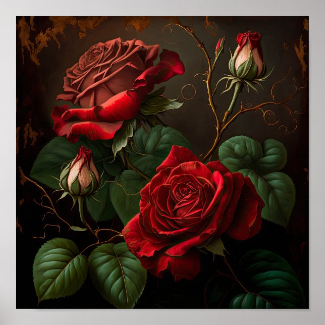 Poster de impresión de arte de flores de rosas roj (Frente)