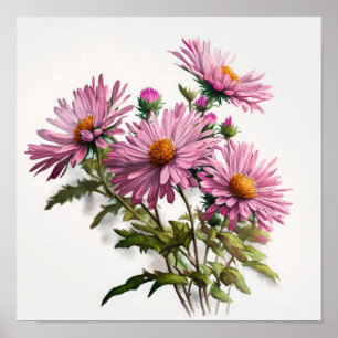 Poster de impresión de arte de flores rosa Aster