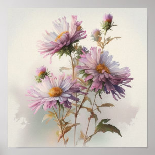 Poster de impresión de arte de flores rosa Aster