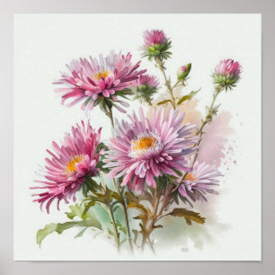 Poster de impresión de arte de flores rosa Aster