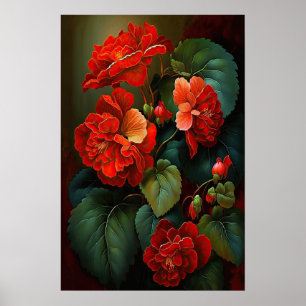 Poster de impresión de arte floral de Begonias roj