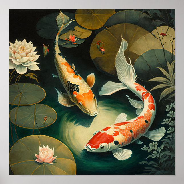 Poster de impresión de arte japonés Koi Fish Pond (Frente)