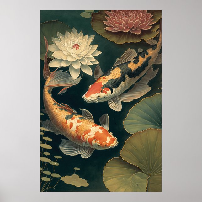 Poster de impresión de arte japonés koi Fish Pond (Frente)