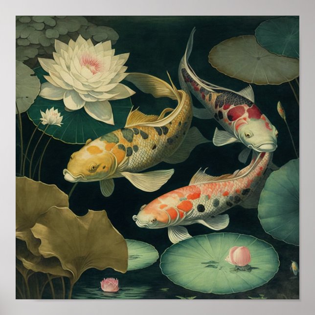 Poster de impresión de arte japonés Koi Fish Pond (Frente)