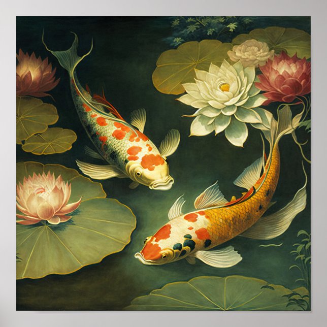 Poster de impresión de arte japonés Koi Fish Pond (Frente)