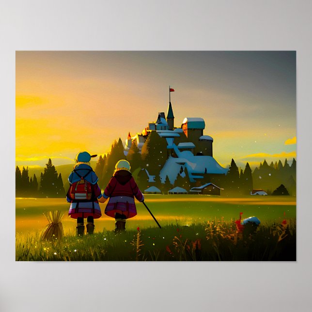 Poster de impresión de castillo y pradera (Frente)