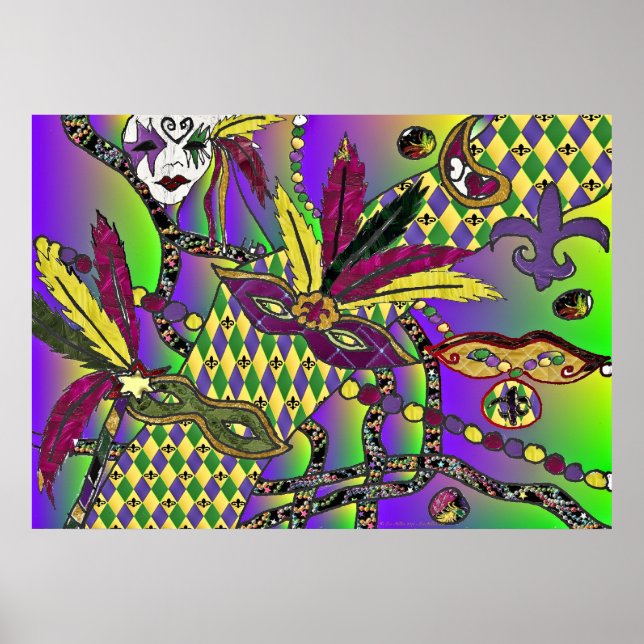 Poster de impresión de máscaras de plumas de Mardi (Frente)