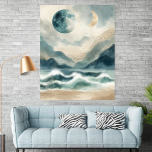 Póster de impresión de olas costeras en acuarela a