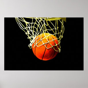 Póster de impresión de pelota y red de baloncesto