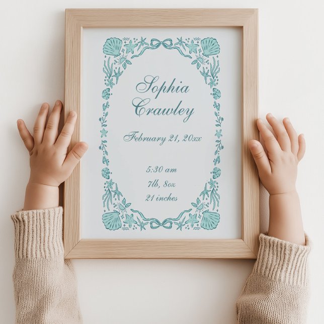 Póster de información de nacimiento personalizado  (Personalized Teal Coastal Seashells Ribbon Birth Info Poster Coastal Blue)