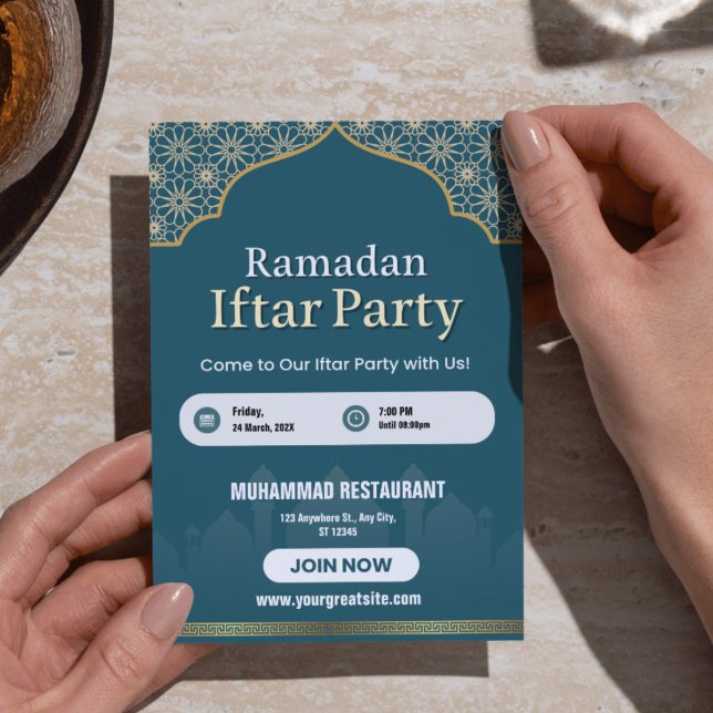 Póster de Invitación de Iftar de Ramadan Azul, Bla (Blue, White & Gold Ramadan Iftar Invitation Poster - Restaurant & Party Menu)