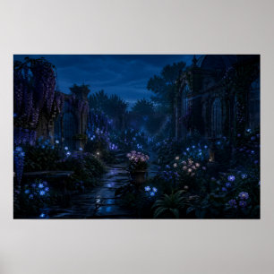 Póster de jardín de flores iluminadas por la luna