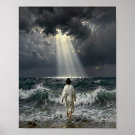 Póster de Jesús caminando hacia mares tormentosos