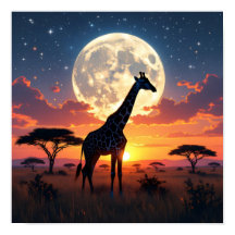 Póster de jirafa bajo la luna del atardecer africa