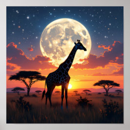 Póster de jirafa bajo la luna del atardecer africa