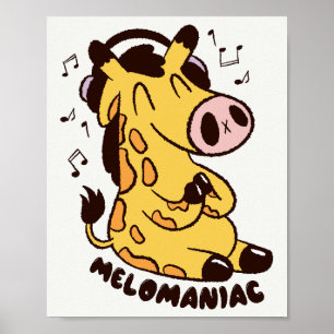 Póster de jirafa linda escuchando música melómana