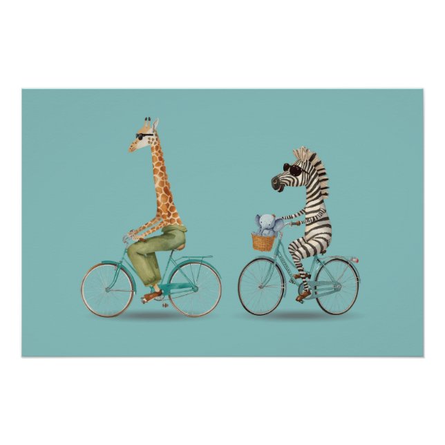 Póster de jirafa y cebra juguetones en bicicleta (Anverso)
