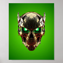 Póster de juego de cráneo de mecha cyberpunk neon