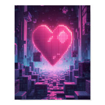 Póster de juego futurista Pixel Heart Neon City