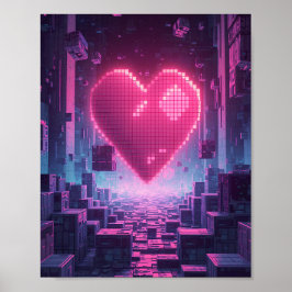 Póster de juego futurista Pixel Heart Neon City