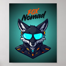 Póster de juego neon mecha ciberpunk nómada zorro