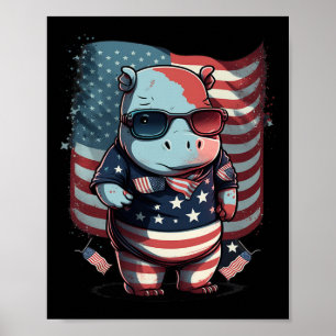 Póster De Julio Patriótico Hippo Bandera Estadounidense