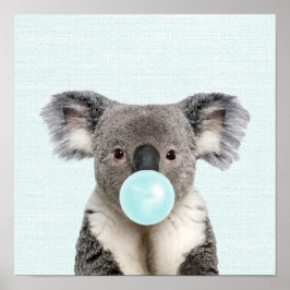 Póster de koala soplando chicle azul
