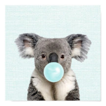 Póster de koala soplando una burbuja de chicle azu
