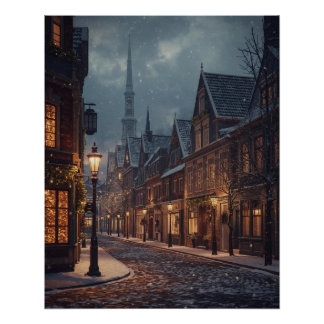 Póster de la ciudad de Navidad en la nieve