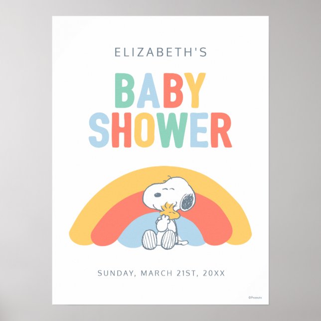 Póster de la ducha de bebé arcoíris de Snoopy y Wo (Frente)