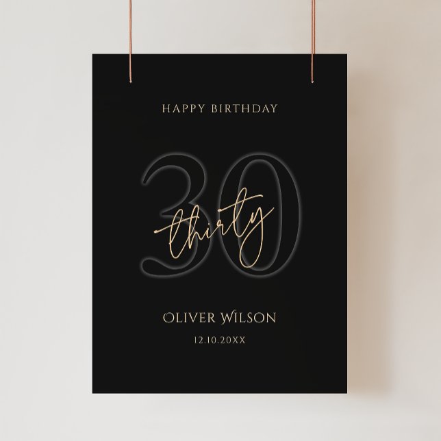 Póster de la fiesta de cumpleaños número 30 de Mod (Modern Black Gold 30th Birthday Party Poster)
