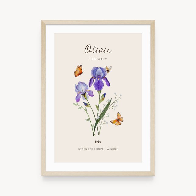Póster de la flor de Iris del mes de nacimiento (Example of iris birth flower poster once framed. )