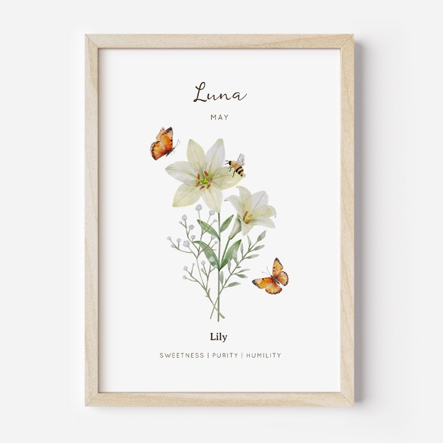 Póster de la flor de nacimiento de lirio (Example of lily birth flower poster once framed. )